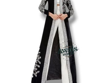 Strass Perlen Samt Lange Jacke Abaya Damen Mäntel Polyster Zacket Stickerei Arbeit