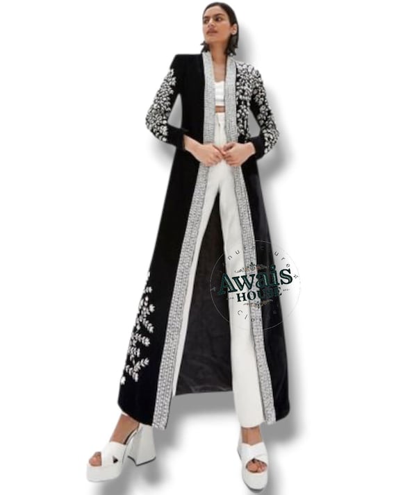 Rhinestone Beaded Velvet Long Jacket Abaya Womens Coats Polyster Zacket Embroidery Work