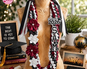 Personalized Graduation Lei 2026, Custom Ribbon Lei, Custom Name Ribbon Lei with Flowers, Personalized Name Senior Lei Class Of 2026 Gift