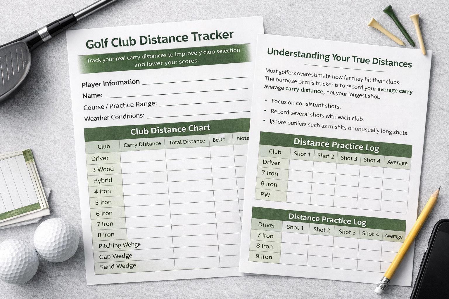 Golf Club Distance Tracker Printable Golf Yardage Chart for Golfers - Etsy