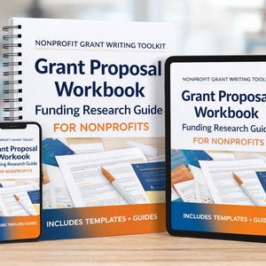 Op de afbeelding: Een afbeelding van een werkboek, een tablet en een smartphone. Alle drie tonen de tekst "Grant Proposal Workbook" en "Funding Research Guide for Nonprofits". Het werkboek is spiraalgebonden. Het ontwerp bevat oranje en blauwe accenten.