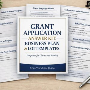 Może przedstawiać: Zbiór białych szablonów papierowych do wniosków o dotacje, planów biznesowych i listów intencyjnych, z tekstem "GRANT APPLICATION ANSWER KIT. BUSINESS PLAN & LOI TEMPLATES." Widoczna jest również mała roślina doniczkowa, okulary i długopis.