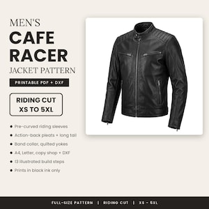 Może przedstawiać: Czarna skórzana kurtka typu cafe racer ze stójką, pikowanymi wstawkami na ramionach i kieszeniami na zamek. Tekst głosi: MEN'S CAFE RACER JACKET PATTERN, PRINTABLE PDF + DXF, RIDING CUT XS TO 5XL, Pre-curved riding sleeves, Action-back pleats + long tail, Band collar, quilted yokes, A4, Letter, copy shop + DXF, 13 illustrated build steps, Prints in black ink only.