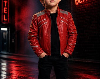 May include: A bright red leather jacket featuring a stand-up collar, silver-toned metal zips on the chest and sleeves, and textured shoulder panels. The jacket is worn over a plain black t-shirt and paired with black trousers.