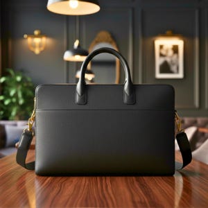 May include: A black leather briefcase with a top handle and a detachable shoulder strap. The briefcase has gold-colored hardware and a textured surface. The bag is sitting on a wooden table.