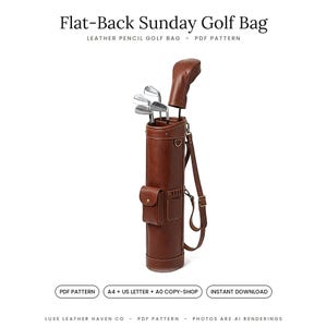 Op de afbeelding: Een bruine leren pencil golftas met het label Flat-Back Sunday Golf Bag, voorzien van een cilindrisch lichaam, een voorvak, een schouderriem en een bijpassende club head cover. De tas bevat diverse zilverkleurige golfclubs.