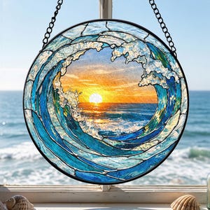 Attrape-soleil en vitrail vague océanique, tenture de fenêtre coucher de soleil sur la plage, décoration en verre de mer côtière image 1