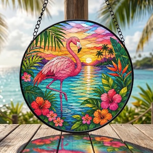 Flamingo Window Hanging Suncatcher with Tropical Flowers, Stained Glass Coastal Decor, Beach House Gift for Flamingo Lovers