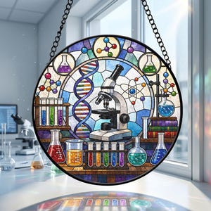 Peut inclure: Un attrape-soleil circulaire en vitrail représentant un microscope central, une double hélice d'ADN et divers articles de verrerie de laboratoire, dont des béchers, des tubes à essai et des fioles remplis de liquides colorés, suspendu par une chaîne.