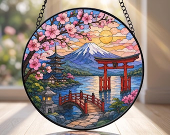 Atrapasueños de vidrieras del Monte Fuji, adorno para ventana de puerta Torii con flores de cerezo