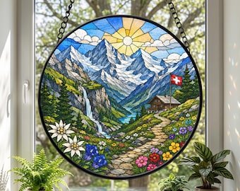 Swiss Alps Stained Glass Suncatcher, Alpine Chalet and Red Train Window Hanging, Mountain Lake Landscape Decor, Switzerland Travel Gift