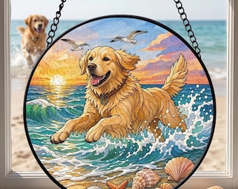 Attrape-soleil de plage personnalisé Golden Retriever, vitrail suspendu à une fenêtre pour chien, décor côtier coucher de soleil sur l'océan, cadeau pour chien maman