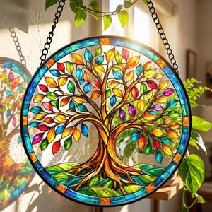 Handmade Tree of Life Stained Glass Suncatcher, Nature Window Hanging Decor