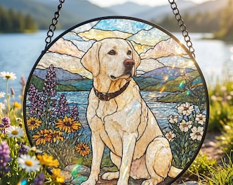 Aangepaste gebrandschilderd glas Labrador Suncatcher: Labrador Retriever Wildflower raam hangend, huisdier gedenkteken cadeau, cadeau voor hondenliefhebber
