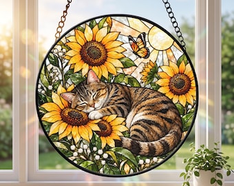 Solros katt solfångare i målat glas, sovande tabbykatt fönsterhängande, blommig kattdekor, kattälskare present
