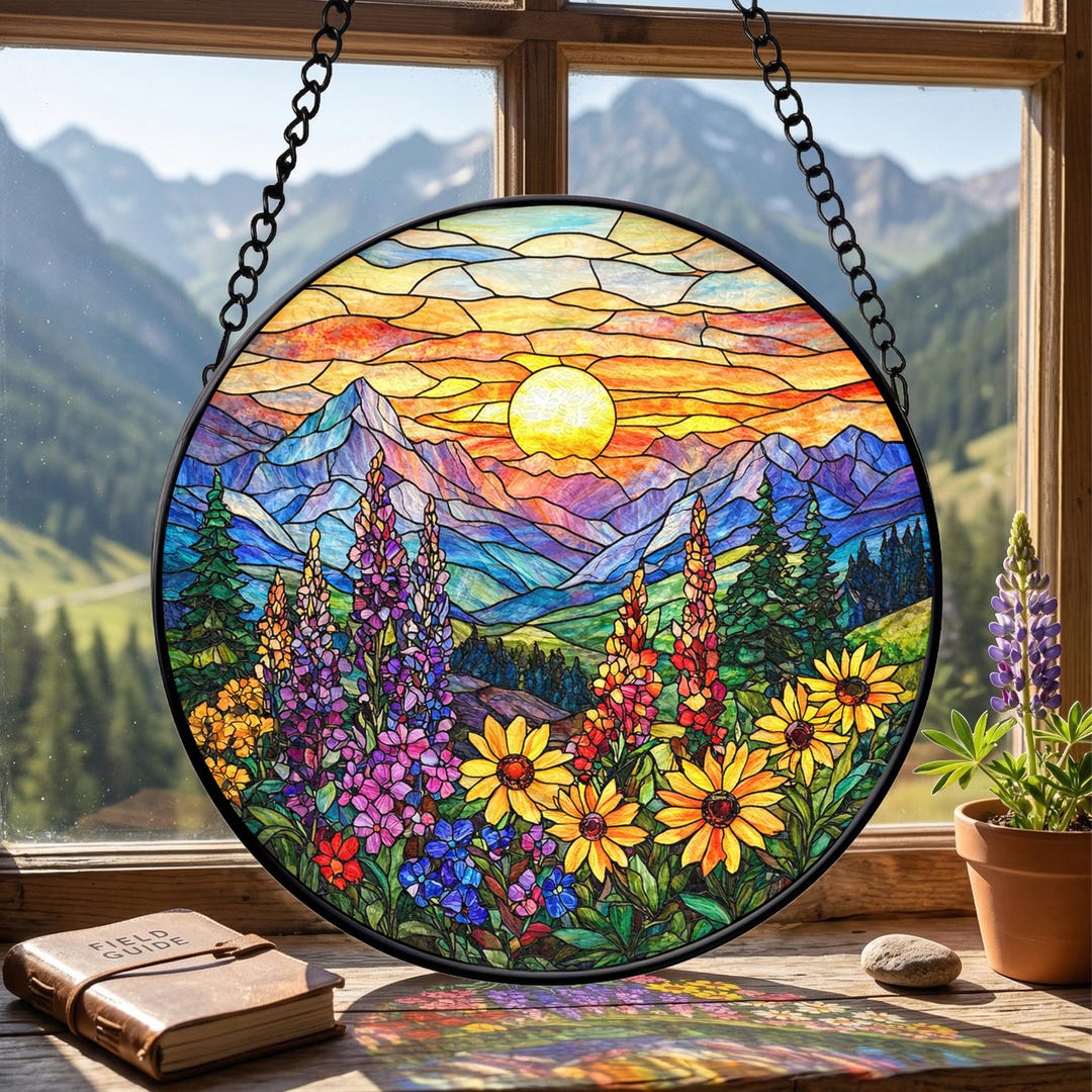 Stained Glass Mountain Wildflower Suncatcher, Colorful Alpine Landscape ...