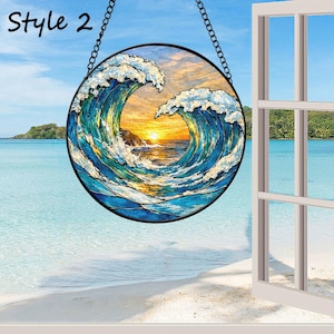 Attrape-soleil en vitrail vague océanique, tenture de fenêtre coucher de soleil sur la plage, décoration en verre de mer côtière Style 2