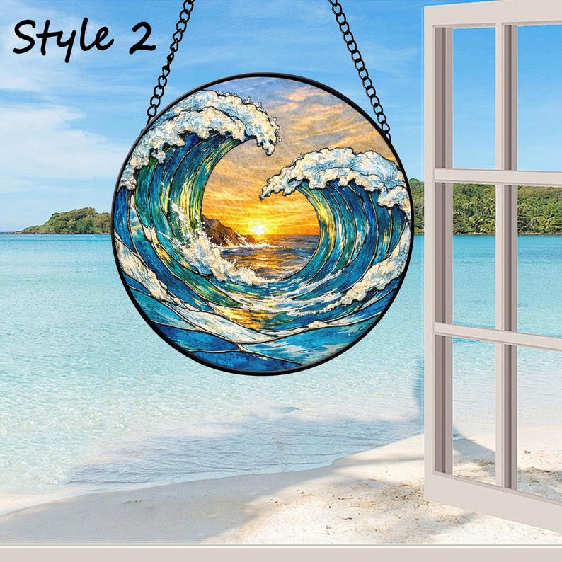 Attrape-soleil en vitrail vague océanique, tenture de fenêtre coucher de soleil sur la plage, décoration en verre de mer côtière Style 2