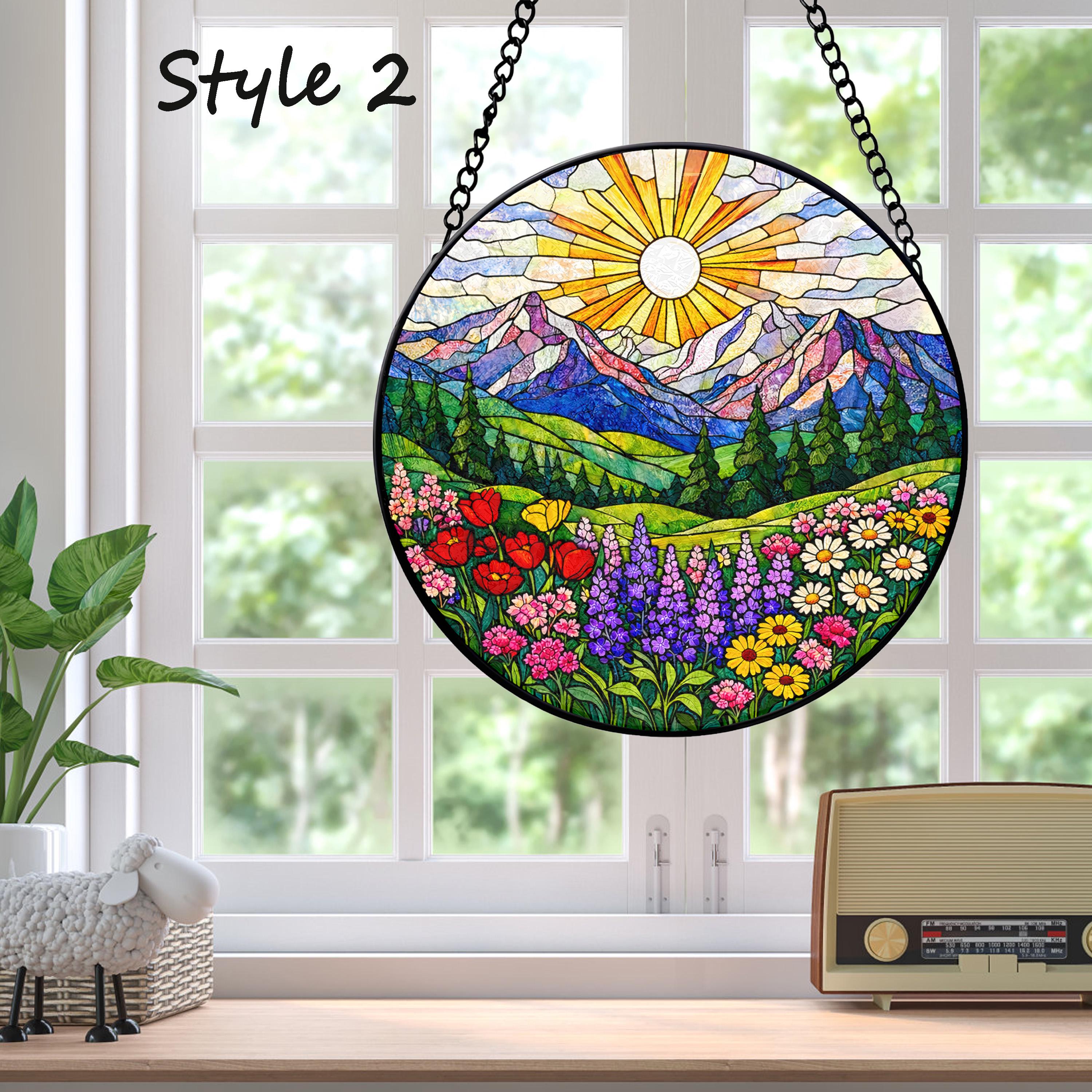 Stained Glass Mountain Wildflower Suncatcher, Colorful Alpine Landscape ...