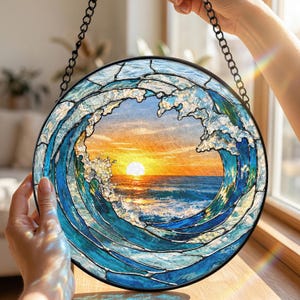 Attrape-soleil en vitrail vague océanique, tenture de fenêtre coucher de soleil sur la plage, décoration en verre de mer côtière image 9