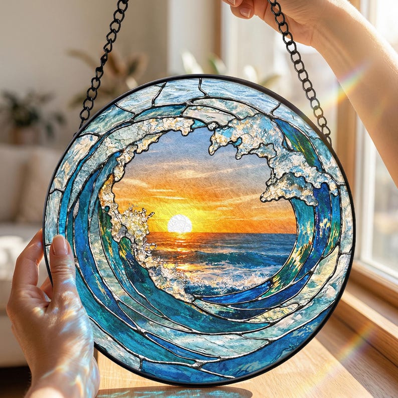 Attrape-soleil en vitrail vague océanique, tenture de fenêtre coucher de soleil sur la plage, décoration en verre de mer côtière image 9