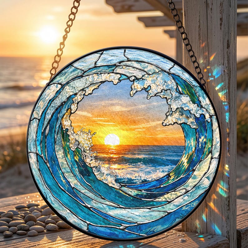Attrape-soleil en vitrail vague océanique, tenture de fenêtre coucher de soleil sur la plage, décoration en verre de mer côtière image 2