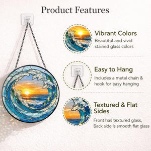Attrape-soleil en vitrail vague océanique, tenture de fenêtre coucher de soleil sur la plage, décoration en verre de mer côtière image 10