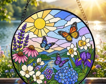 Stained Glass Butterfly Sun Catcher, Floral Garden Window Hanging, Gift for Mom