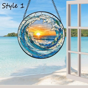 Attrape-soleil en vitrail vague océanique, tenture de fenêtre coucher de soleil sur la plage, décoration en verre de mer côtière Style 1