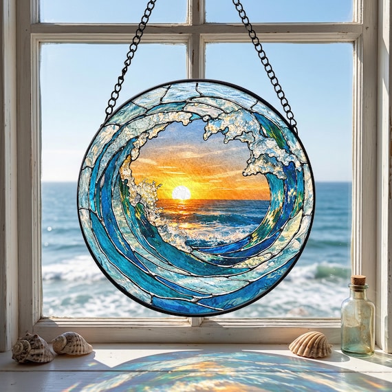 Ocean Wave Stained Glass Suncatcher, Beach Sunset Window Hanging, Coastal Sea Glass Decor