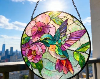 Stained Glass Hummingbird Suncatcher – Handmade Floral Window Hanging
