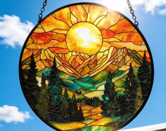 Stained Glass Mountain Sunset Suncatcher - Handmade Nature Window Decor