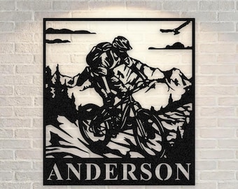 Gepersonaliseerde metalen muurkunst mountainbike – Custom naambordje biker