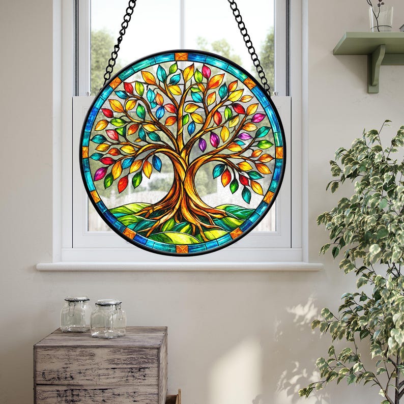 Handmade Tree of Life Stained Glass Suncatcher, Nature Window Hanging ...