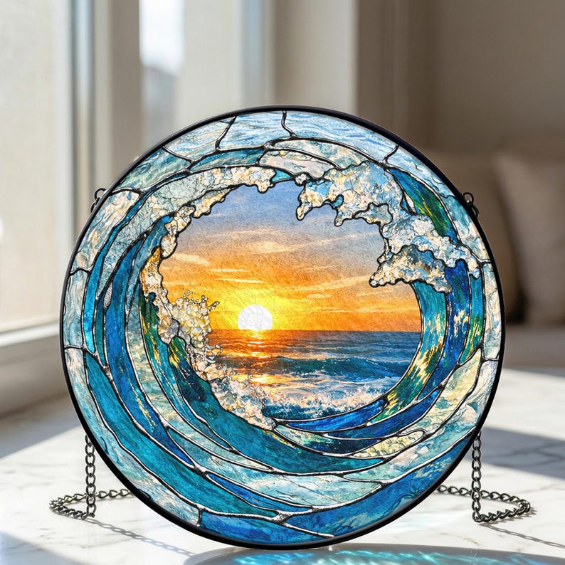 Attrape-soleil en vitrail vague océanique, tenture de fenêtre coucher de soleil sur la plage, décoration en verre de mer côtière image 3