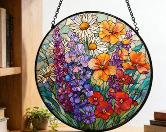 Handmade Stained Glass Wildflower Suncatcher – Round Floral Window Hanging