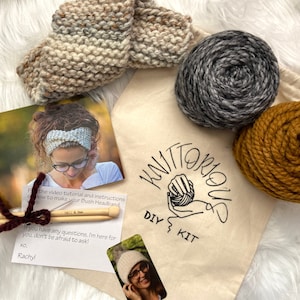 BEGINNERS KNITTING KIT, Beginners Simple Quick Knitting Pattern, Chunky Knit Headband Diy, Easy Knitting Project Kit, Complete Knit Kit image 1