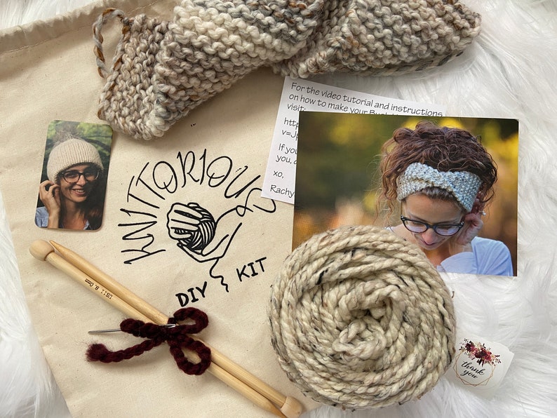 BEGINNERS KNITTING KIT, Beginners Simple Quick Knitting Pattern, Chunky Knit Headband Diy, Easy Knitting Project Kit, Complete Knit Kit image 1