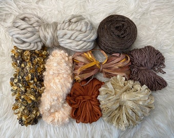 Fall Tones Weaving Fiber Pack: Neutral Brown & Gold, Textured Yarn (250g)