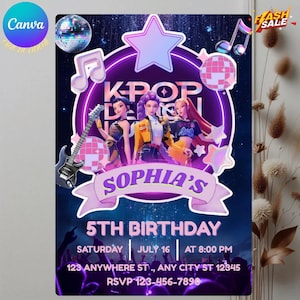 May include: A vibrant birthday invitation with a K-Pop theme. The design features three animated figures, musical notes, disco balls, and a guitar. The invitation is for Sophia's 5th birthday, with the date, time, and location details included.
