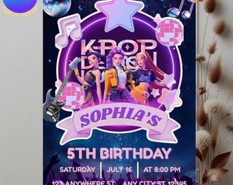KPOP Demon Hunters Birthday Invitation,  Editable  Digital  Download, KPOP  Anime Theme  Party Invite,  Printable KPOP  Demon Hunters  Card.
