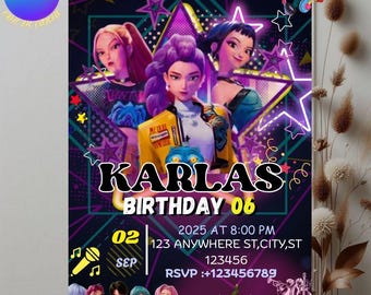 Kpop Birthday Invitation, Trendy Music Theme, Editable Canva Template (Digital Download)