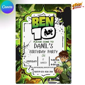 Op de afbeelding: Een groene en witte Ben 10-thema verjaardagsuitnodiging. De uitnodiging bevat de tekst "Kom naar Danil's verjaardagsfeest op zondag 12 maart van 16:00 tot 18:00 uur". Het RSVP-nummer is 123-456-789.