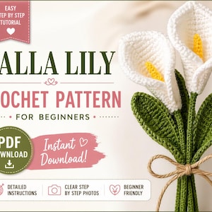 Può includere: Un modello all'uncinetto per calle. L'immagine mostra un bouquet di fiori all'uncinetto finito con petali bianchi e centri gialli, foglie verdi e un legaccio di spago. Il testo sull'immagine recita "CALLA LILY CROCHET PATTERN FOR BEGINNERS".