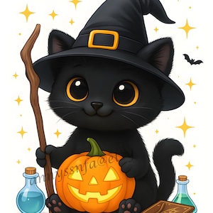 Black Cat Halloween Print: Witch Hat & Pumpkin (Digital Download)