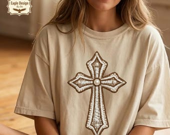 Faux Embroidery Yarn Cross Clipart, Boho Rope Pearl Religious Design (Digital Download)