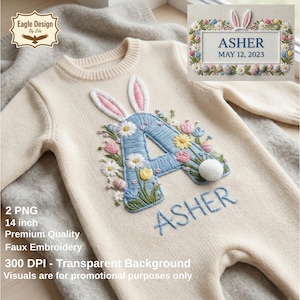 Puede incluir: Body de bebé color crema con detalles bordados. Presenta una gran letra "A" azul adornada con flores y orejas de conejo. El nombre "Asher" está bordado debajo. También hay un diseño enmarcado con el nombre "Asher" y la fecha "12 de mayo de 2023".