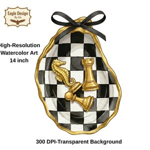 May include: A decorative, shell-shaped tray with a black and white checkered pattern, gold trim, and a black bow. The tray features gold chess pieces, including a seahorse, rook, and pawn. The tray is 35.56 cm wide. The image text says "High-Resolution Watercolor Art 14 inch".