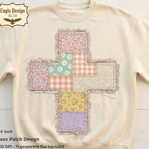 Floral Patchwork Easter Cross PNG, Pastel Quilt Embroidery Design (Digital Download)