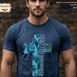 Teal Blue Faux Patch Cross PNG, Philippians 4:13, Christian Sublimation (Digital Download)